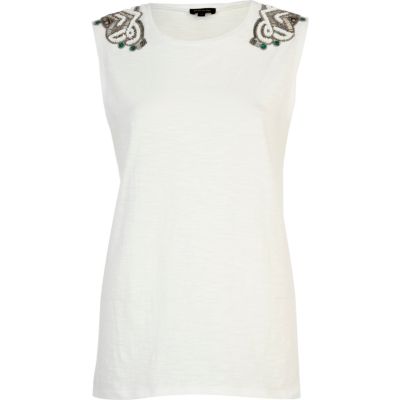 White sequin shoulder embellished tank top