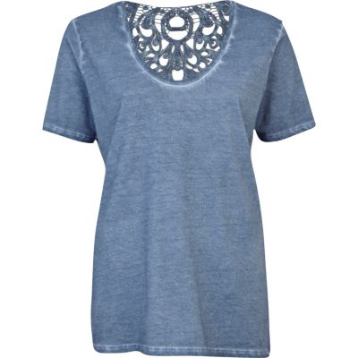 Blue washed lace insert low scoop t-shirt