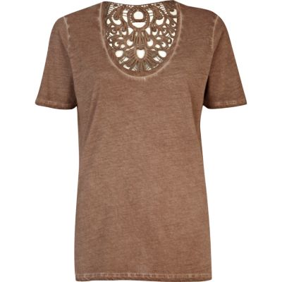 Brown washed lace insert low scoop t-shirt