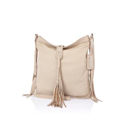 Beige leather tassel messenger bag