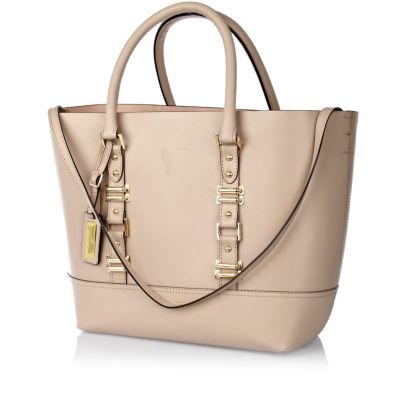 Beige leather structured tote bag 