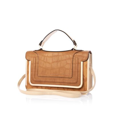 Beige croc panel structured satchel 