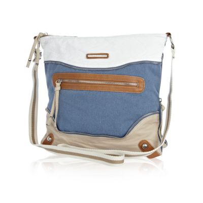 Blue canvas colour block messenger bag
