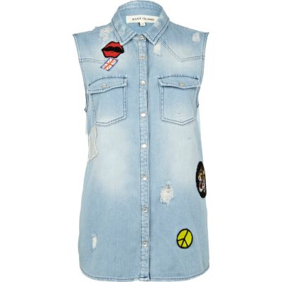 Mid wash sleeveless denim shirt