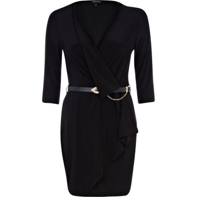 Black wrap front belted dress