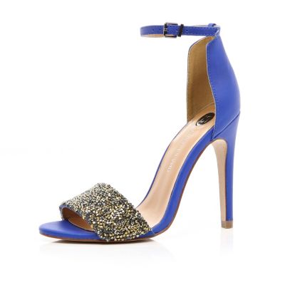 Blue embellished strap stiletto sandals 