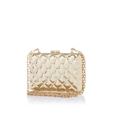 Gold tone quilted metal box clutch bag