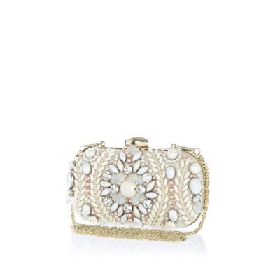 Cream embellished box clutch bag