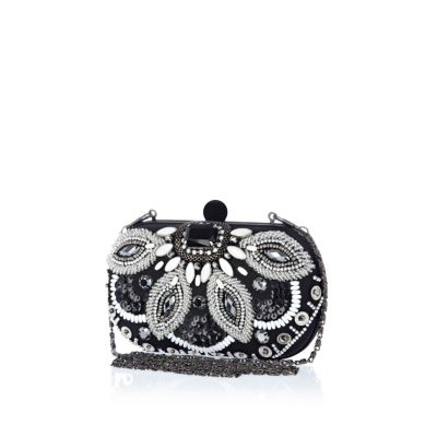 Black bead embellished box clutch bag 