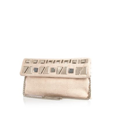 Beige embellished fold over clutch bag