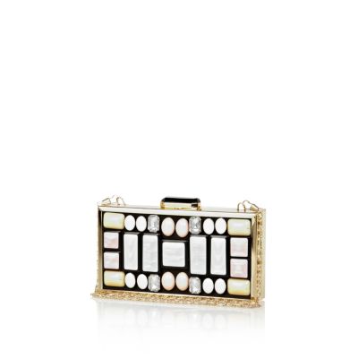 Pink gem stone embellished box clutch bag