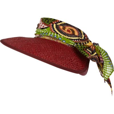 Dark red straw tied scarf visor hat brim