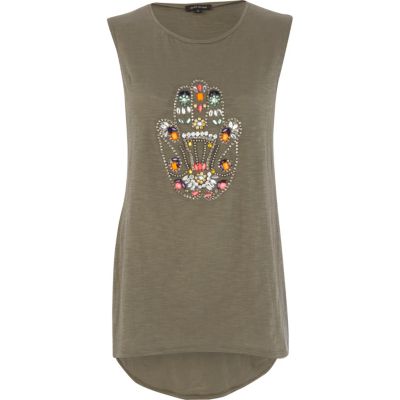 Khaki embellished hand tank top
