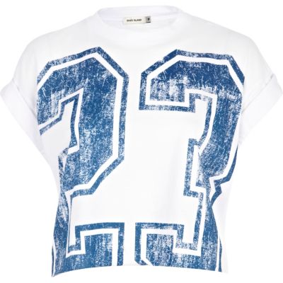 White 23 print cropped t-shirt