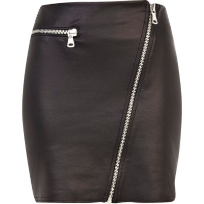 Black coated asymmetric zip biker skirt