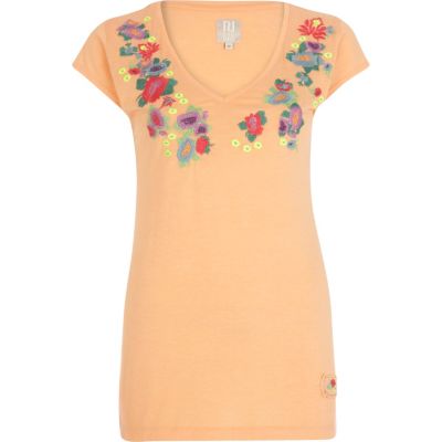 Orange floral embroidered V neck t-shirt 
