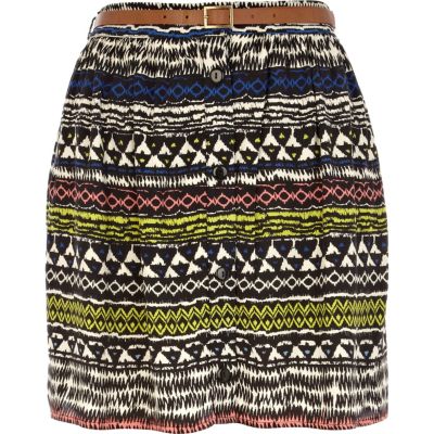 White aztec print button through mini skirt