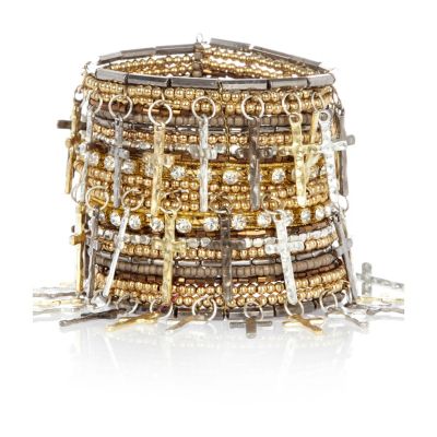 Gold tone diamante cross beaded cuff