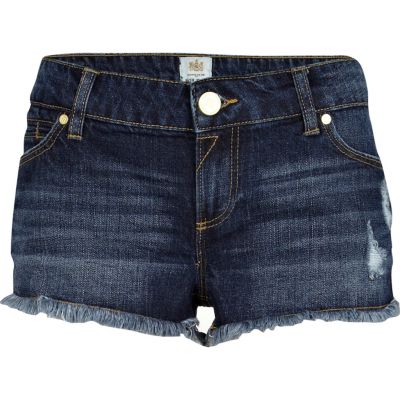 Dark wash distressed denim shorts