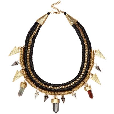 Black cord spike pendant statement necklace