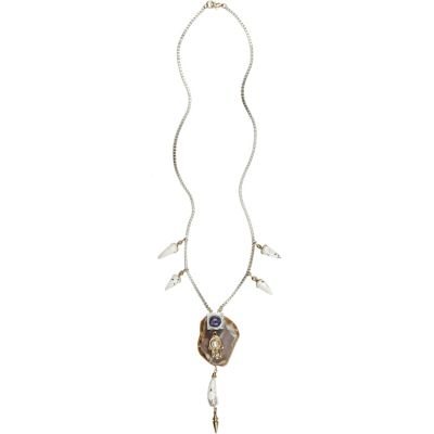 Silver tone hand and stone pendant necklace