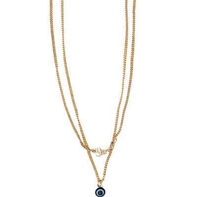 Gold tone double eye and word necklace