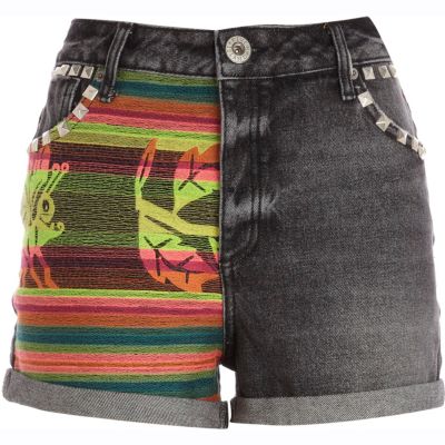 Black embroidered panel denim shorts 
