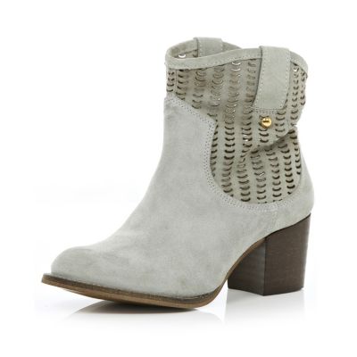 Cream suede laser cut western boots