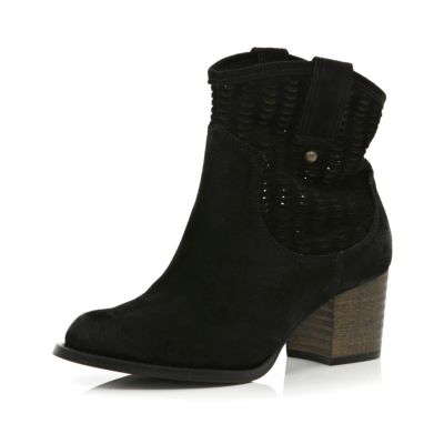 Black laser cut western ankle boots