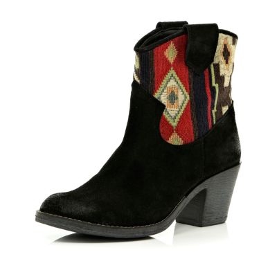 Black woven aztec panel western ankle boots