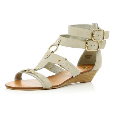 Cream double ankle buckle wedge sandals