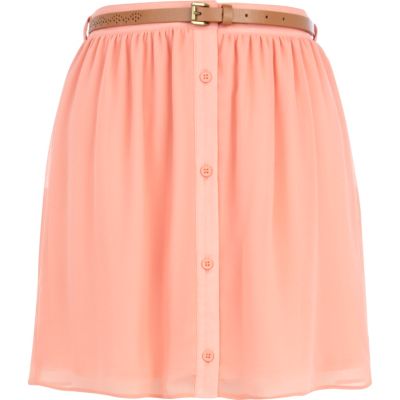 Coral button up belted mini skirt