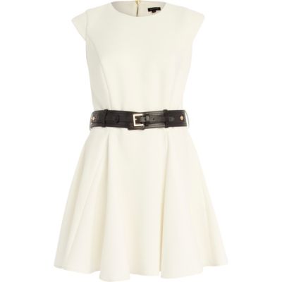 Cream belted cap sleeve skater dress