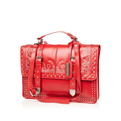 Red leather studded satchel
