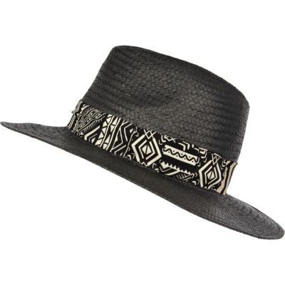 Black straw Panama hat with zebra print trim