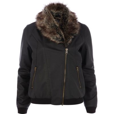 Black faux fur trimmed bomber jacket