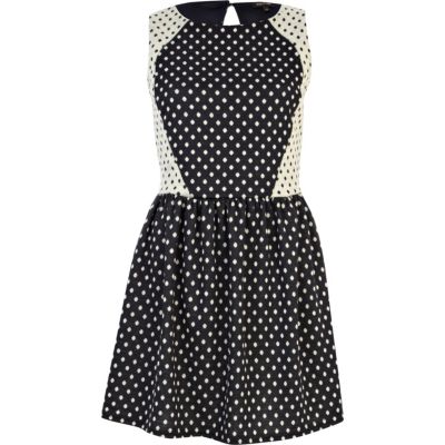 Navy polka dot contrast panel skater dress