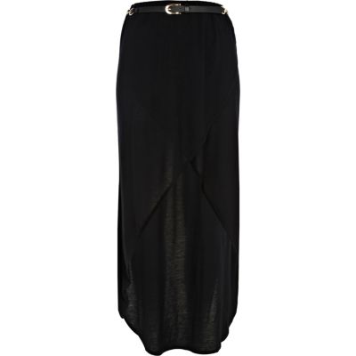 Black dip hem wrap maxi skirt