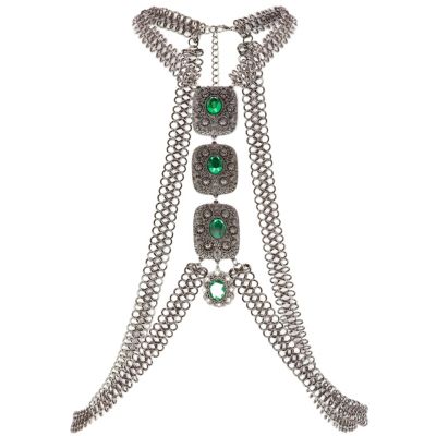 Green gem stone chain mail body harness