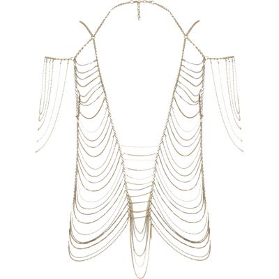 Gold tone draped chain body harness top