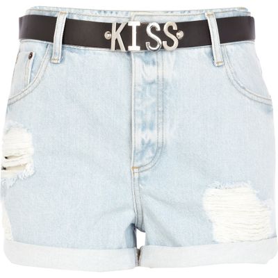 Light wash ripped kiss belt denim shorts