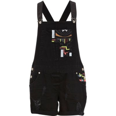 Black ripped embroidered denim dungarees