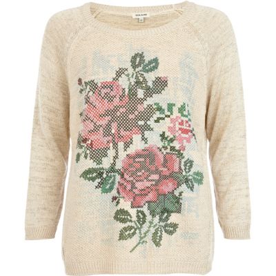 Beige pixelated flower print jumper