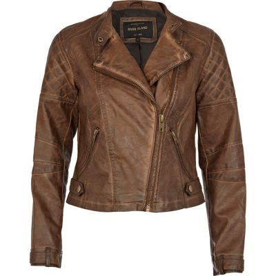 Brown leather look biker jacket