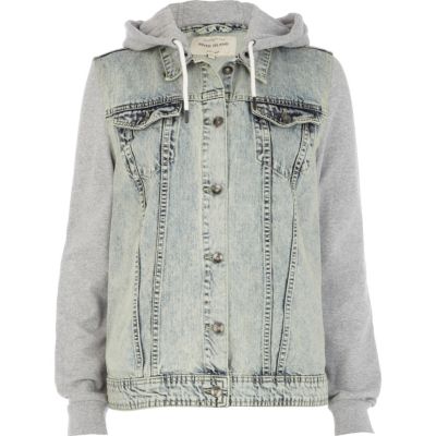 Acid wash contrast sleeve hooded denim jacket