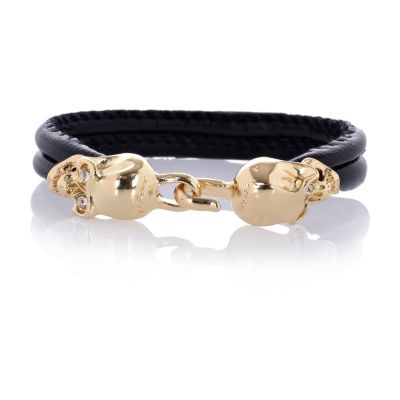 Black leather double skull bracelet