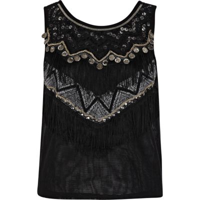 Black mesh fringe embellished top