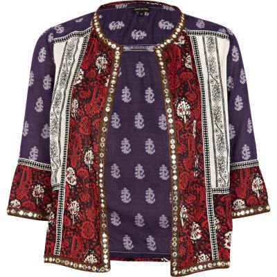Purple colour block print shacket