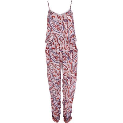Red paisley print casual cami jumpsuit