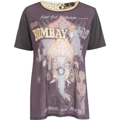 Black Bombay diamante elephant print t-shirt